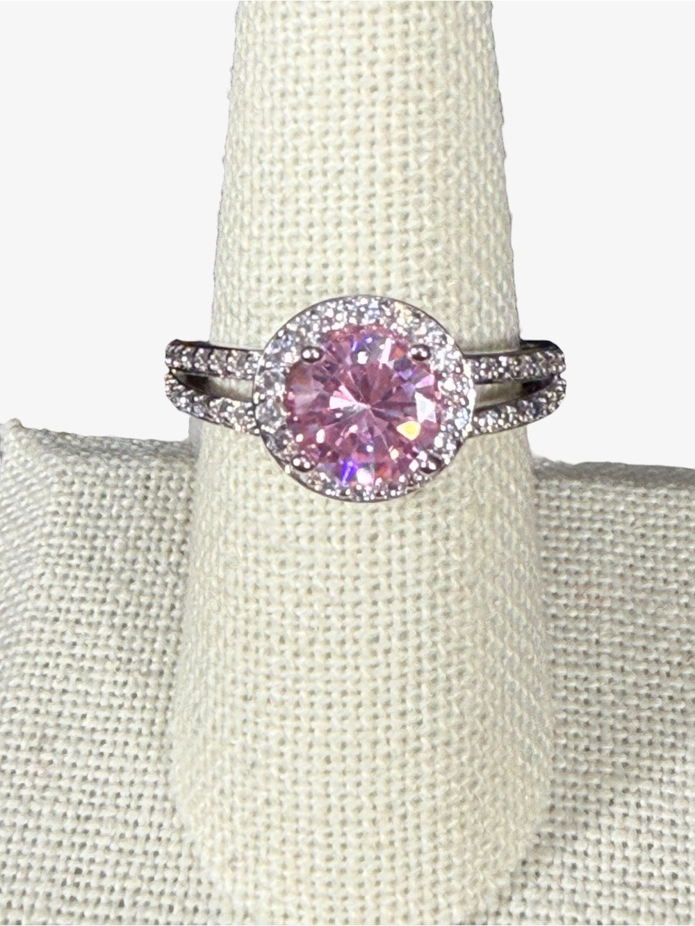Pink Halo Solitaire Ring with Pavé Band AAA CZ Stoned Sterling Silver